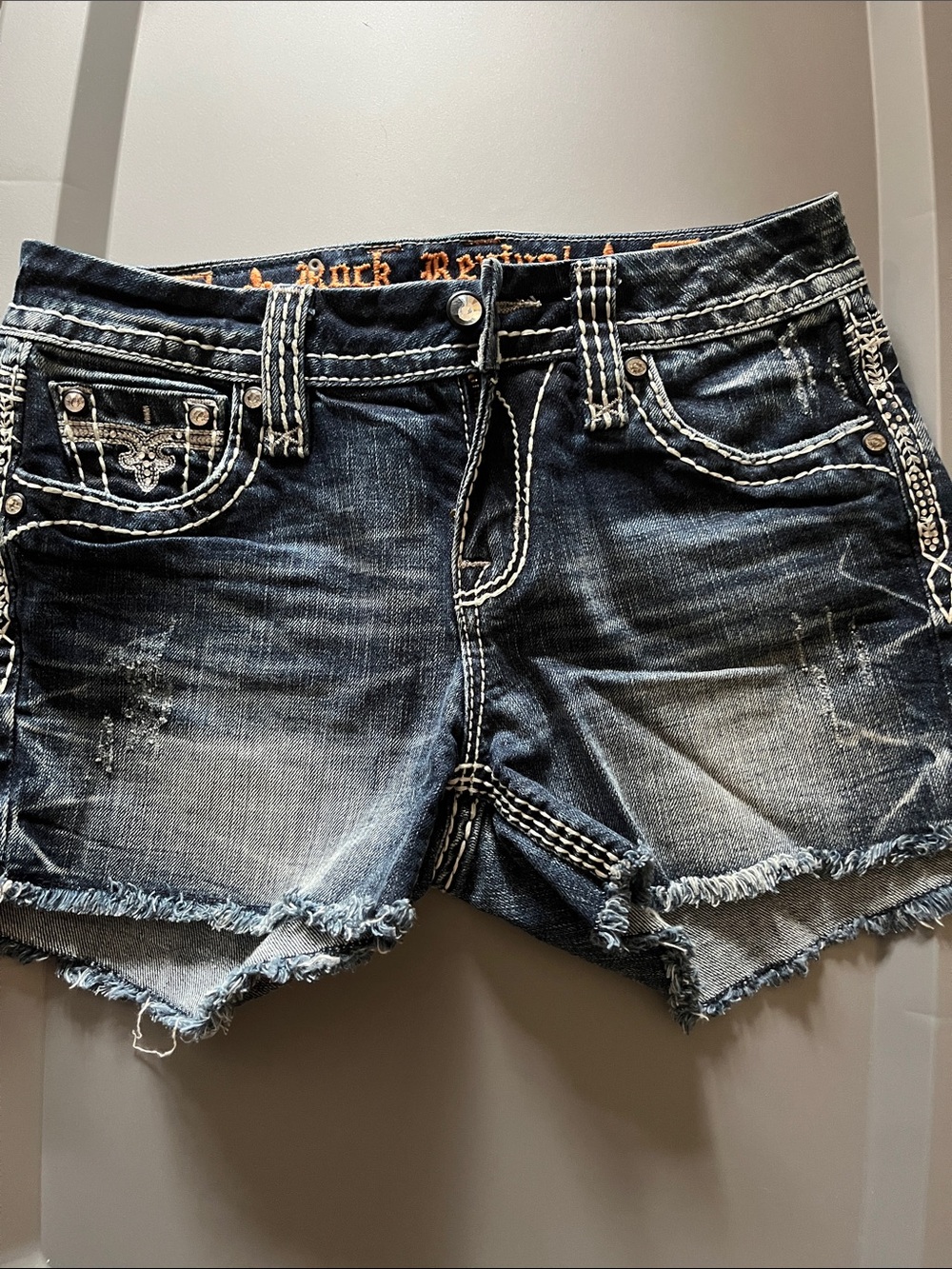 Rock Revival Dark Blue Distressed Denim Shorts with White Contrast Stitching
